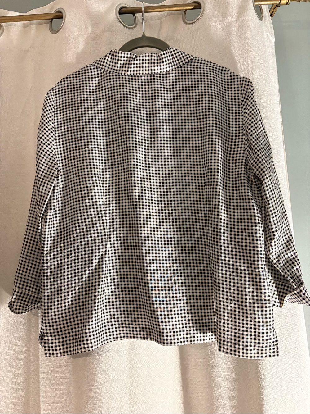 Preppy Academia Old Money Black and White Gingham Silk Blouse - Picture 2 of 6